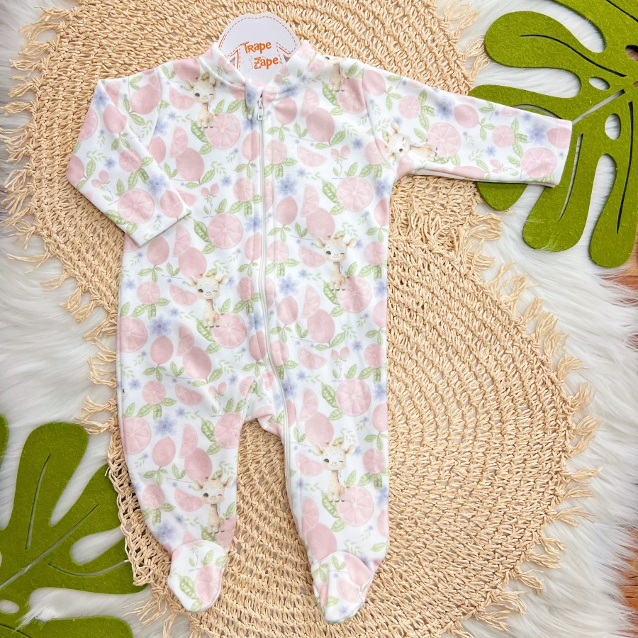 Macacão em Soft com Abertura em Zíper Girafinha com Flores - Off White e Rosa